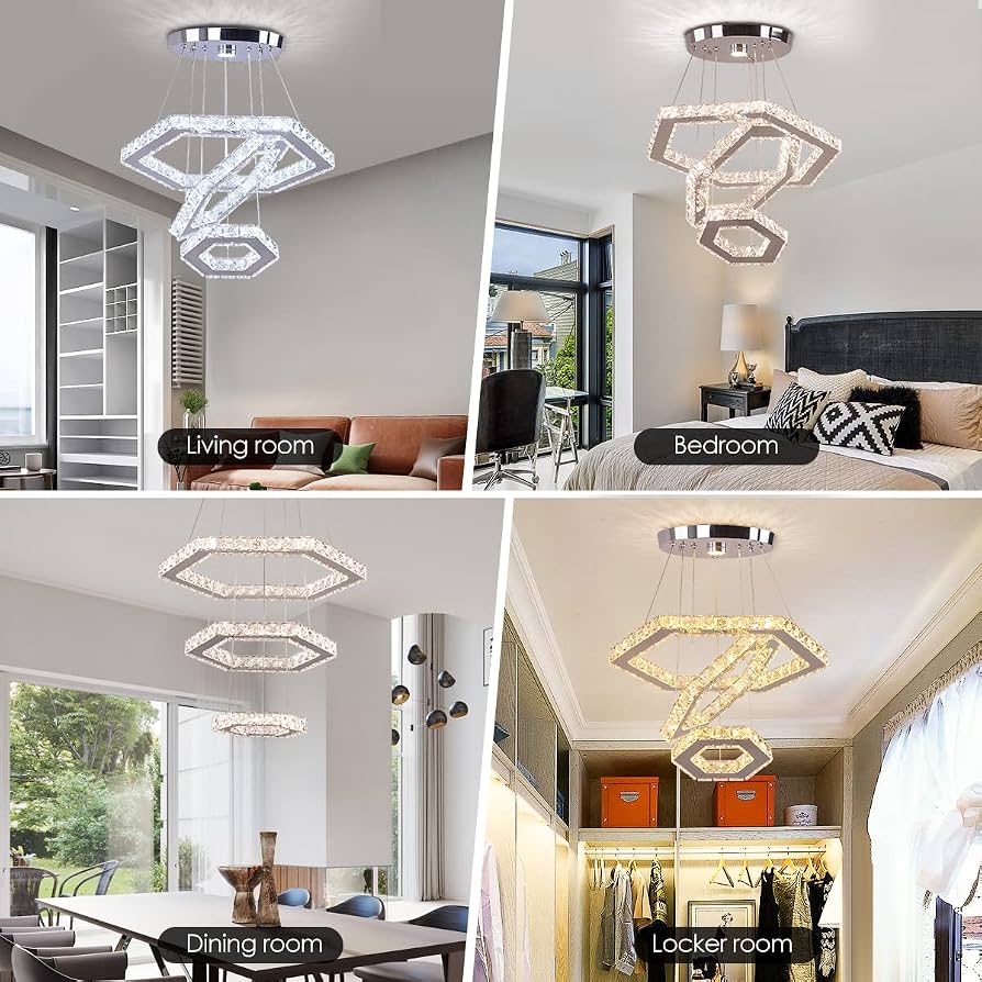 Modern 3-Ring K9 Crystal LED Chandelier – Dimmable Pendant Ceiling Light With Remote