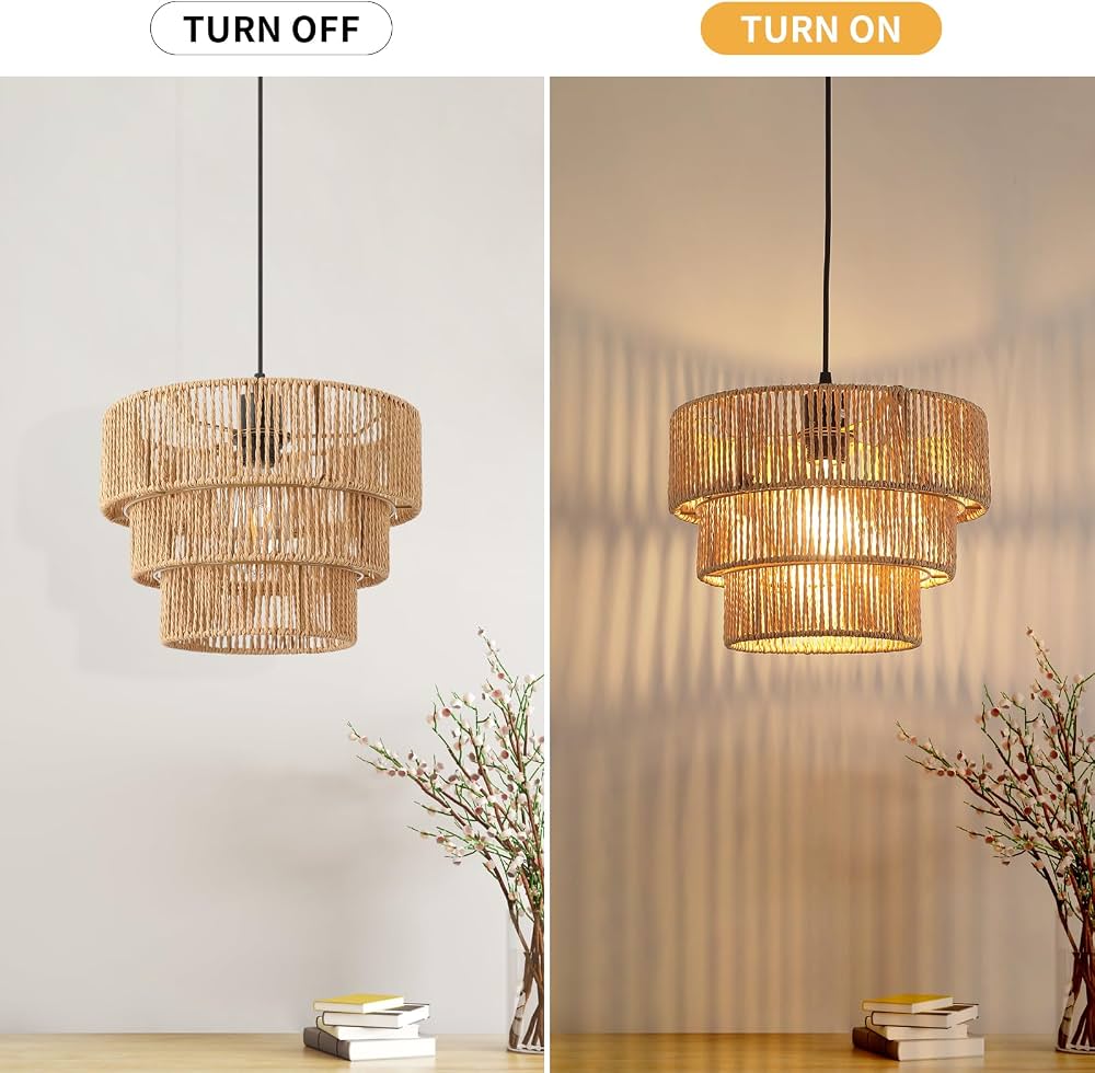 Boho Woven Rattan Pendant Light – Adjustable E27 Ceiling Lamp | Natural Paper Rope Hanging Light