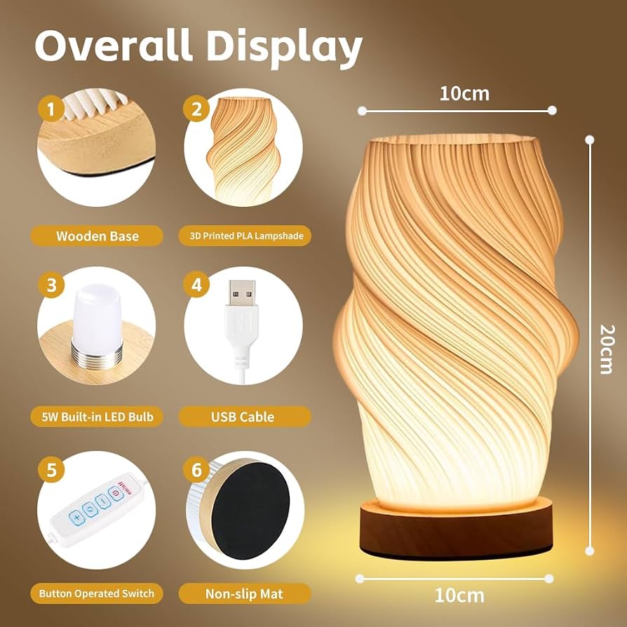 3D Printed Spiral LED Table Lamp – 3 Colour Temperatures & 9 Brightness Levels