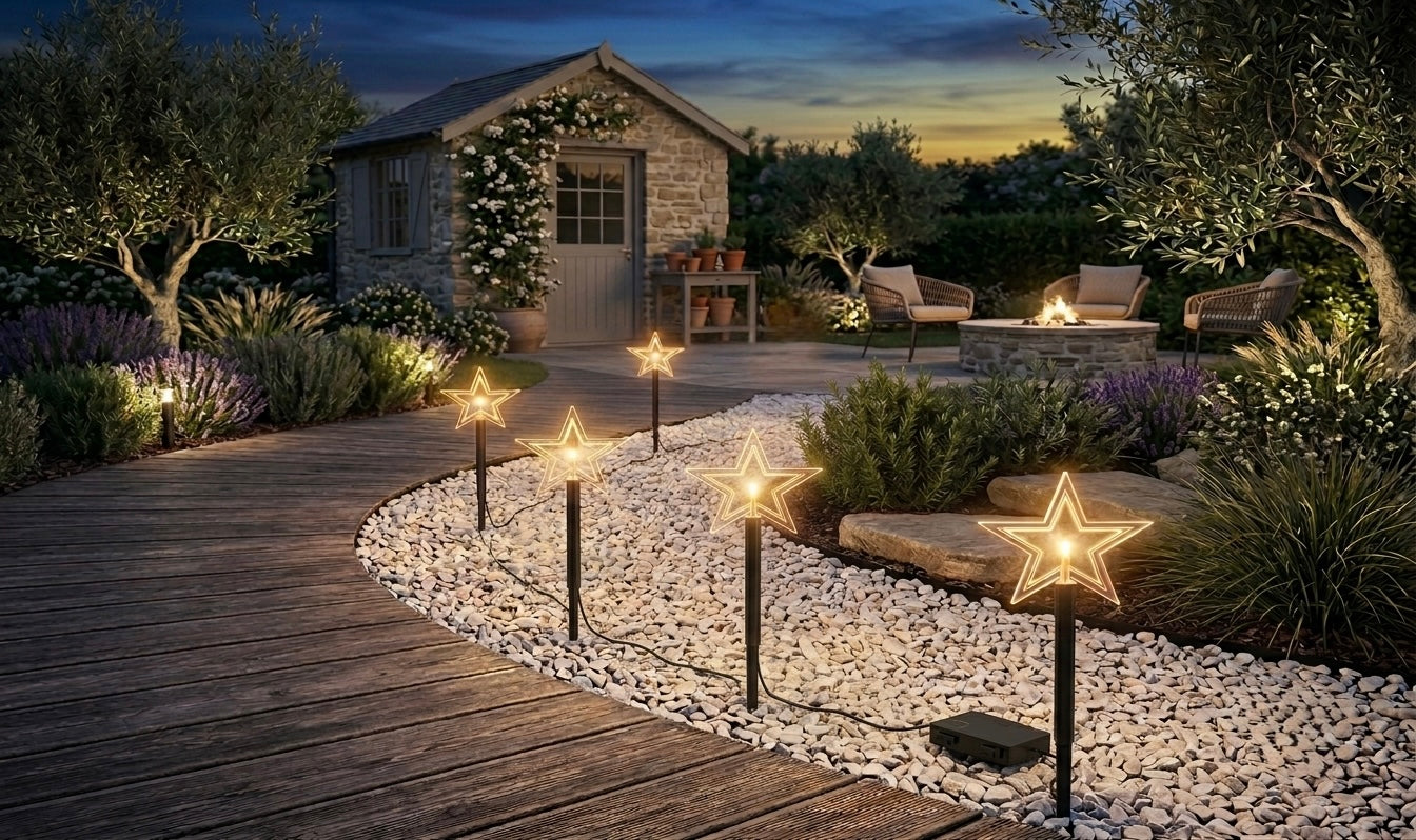 5-Pack LED Outdoor Star Pathway Lights – Battery-Operated Garden Stake Lights with Timer (Warm White)