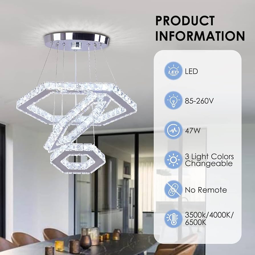 Modern 3-Ring K9 Crystal LED Chandelier – Dimmable Pendant Ceiling Light With Remote