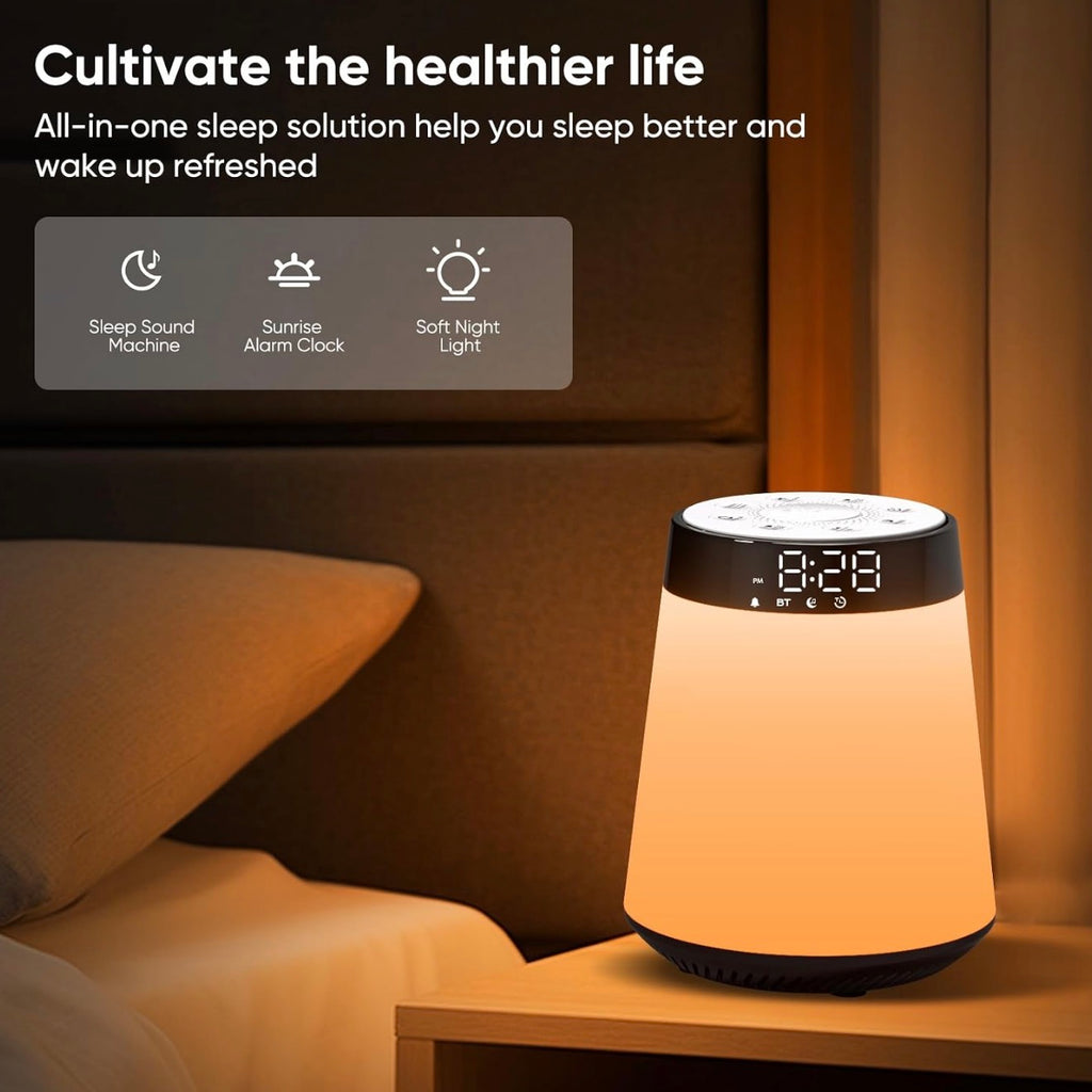 All-in-One Sunrise Alarm Clock & Bluetooth Speaker – White Noise Machine, 12-Color Night Light & Sleep Sound Machine