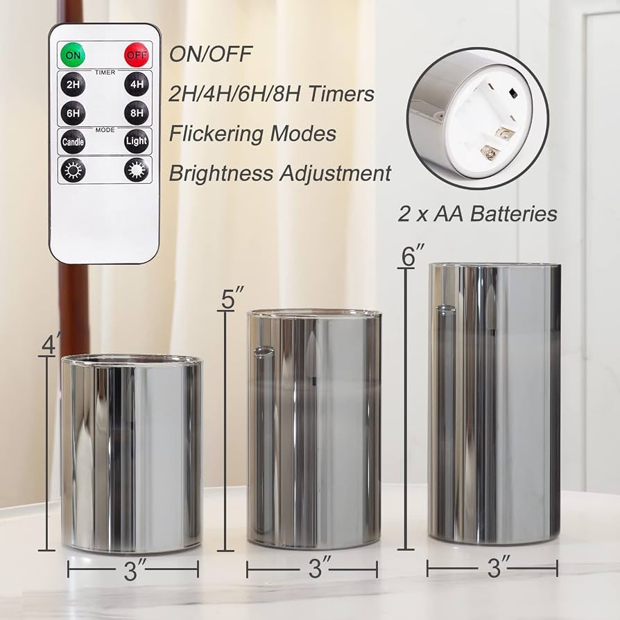 Grey Glass Flameless LED Candle Set with remote (3-Piece)