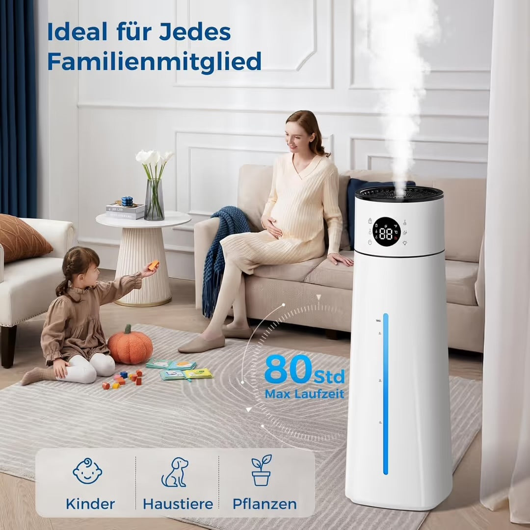8L Large Room Air Humidifier with Auto Humidity Control – 80H Runtime, Top Fill, Remote Control & 24H Timer