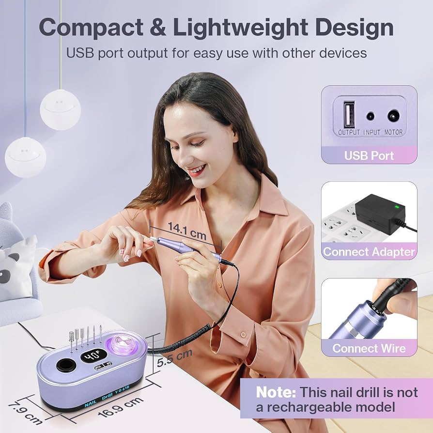 Professional Electric Nail Drill 40000RPM | Urbuti 36W E-File with Smart LCD Screen & 12 Bits (Purple)