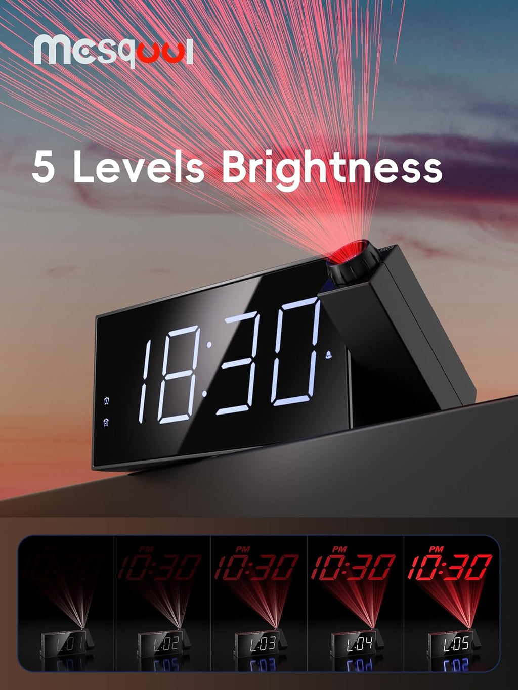 Digital Projection Alarm Clock with Dual Alarms, 180° Ceiling & Wall Projection, USB Charging