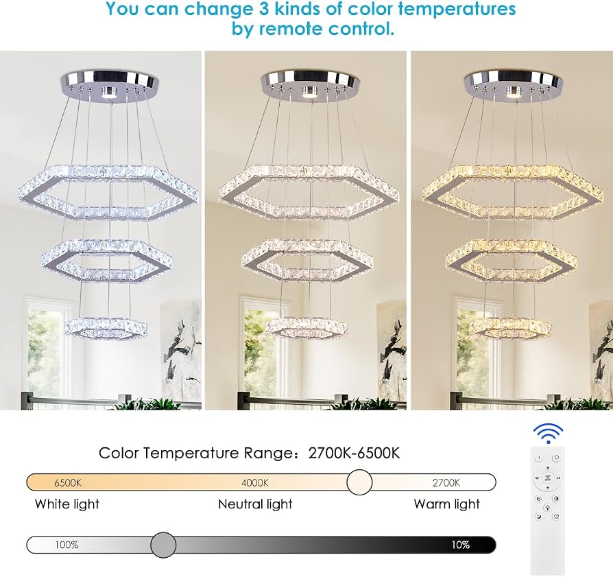 Modern 3-Ring K9 Crystal LED Chandelier – Dimmable Pendant Ceiling Light With Remote