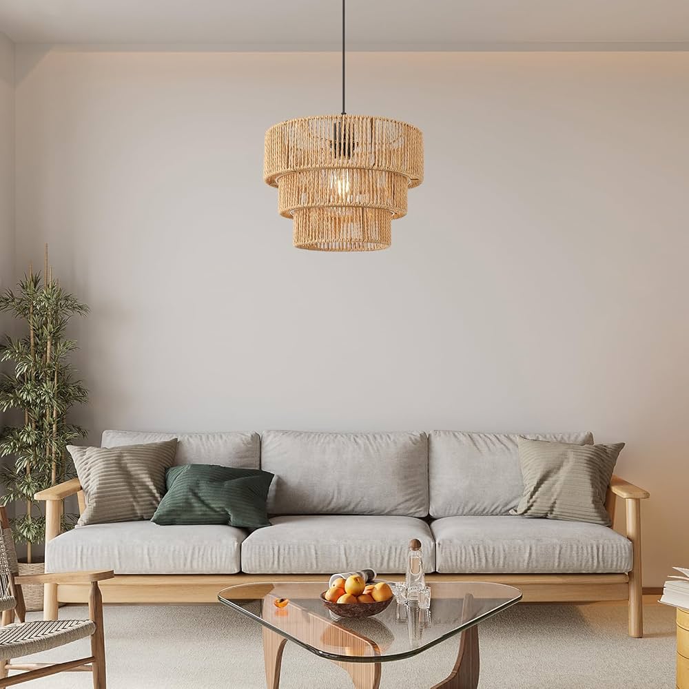 Boho Woven Rattan Pendant Light – Adjustable E27 Ceiling Lamp | Natural Paper Rope Hanging Light