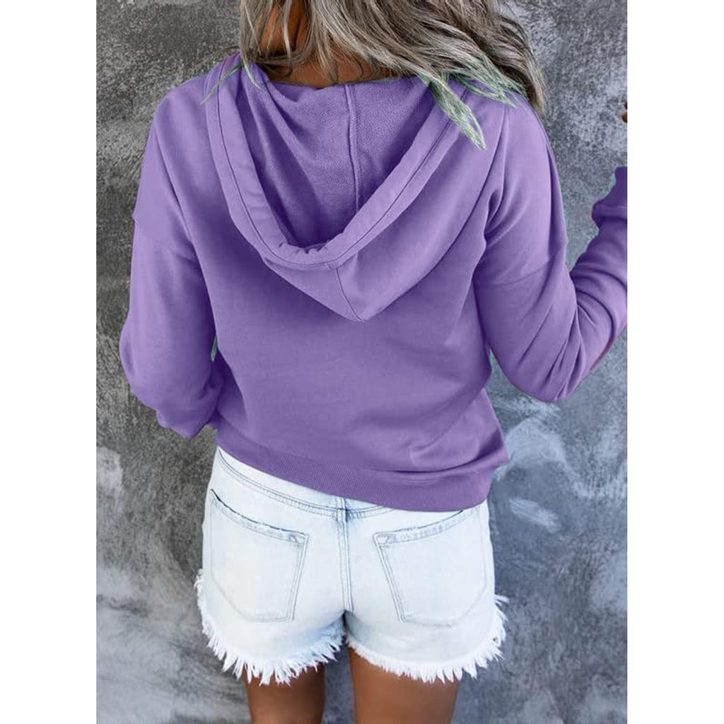 Women's Casual Button-Neck Long Sleeve Hoodie – Oversized Pullover Sweatshirt with Pocket