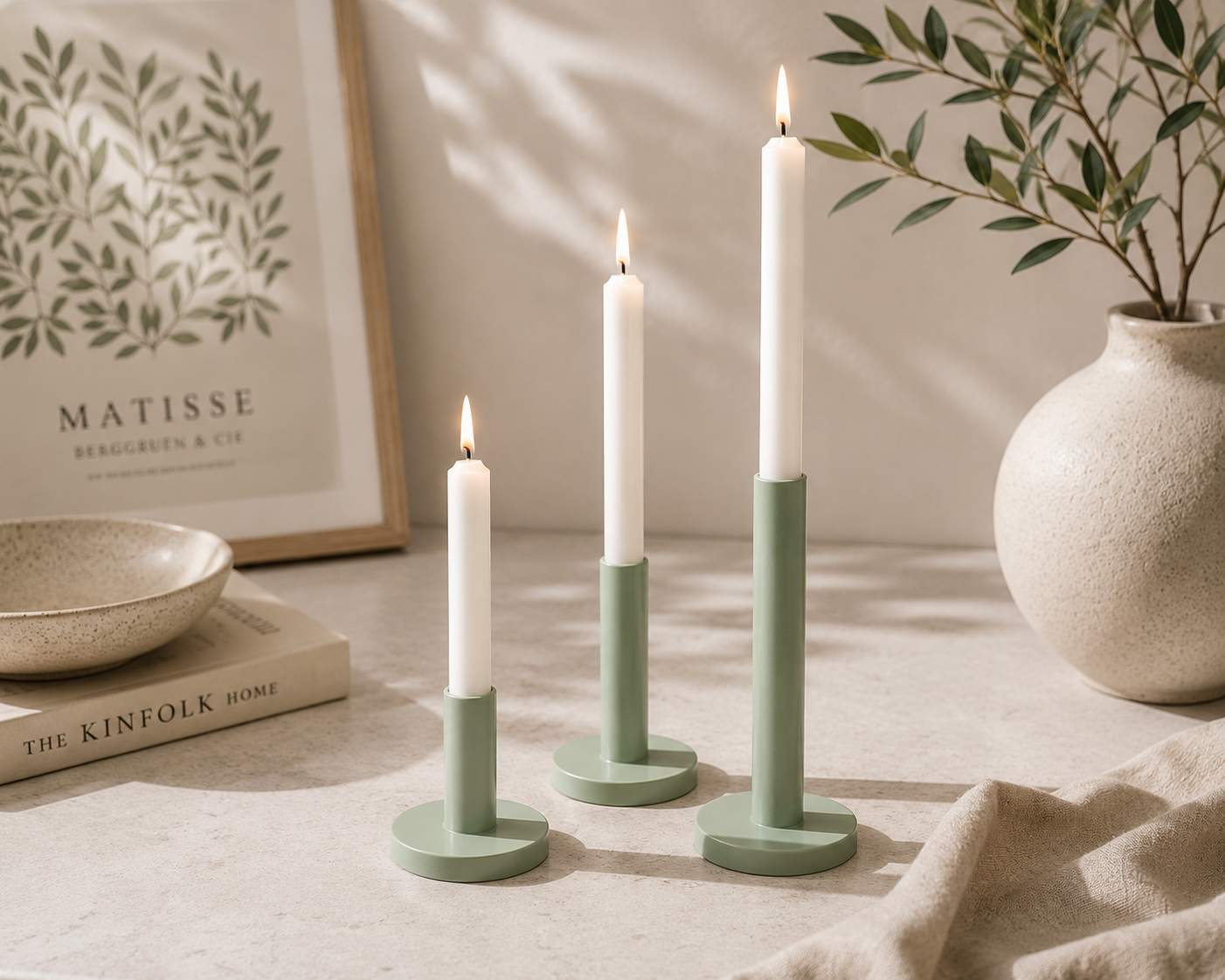 Set of 3 Minimalist Mint Green Metal Candle Holders