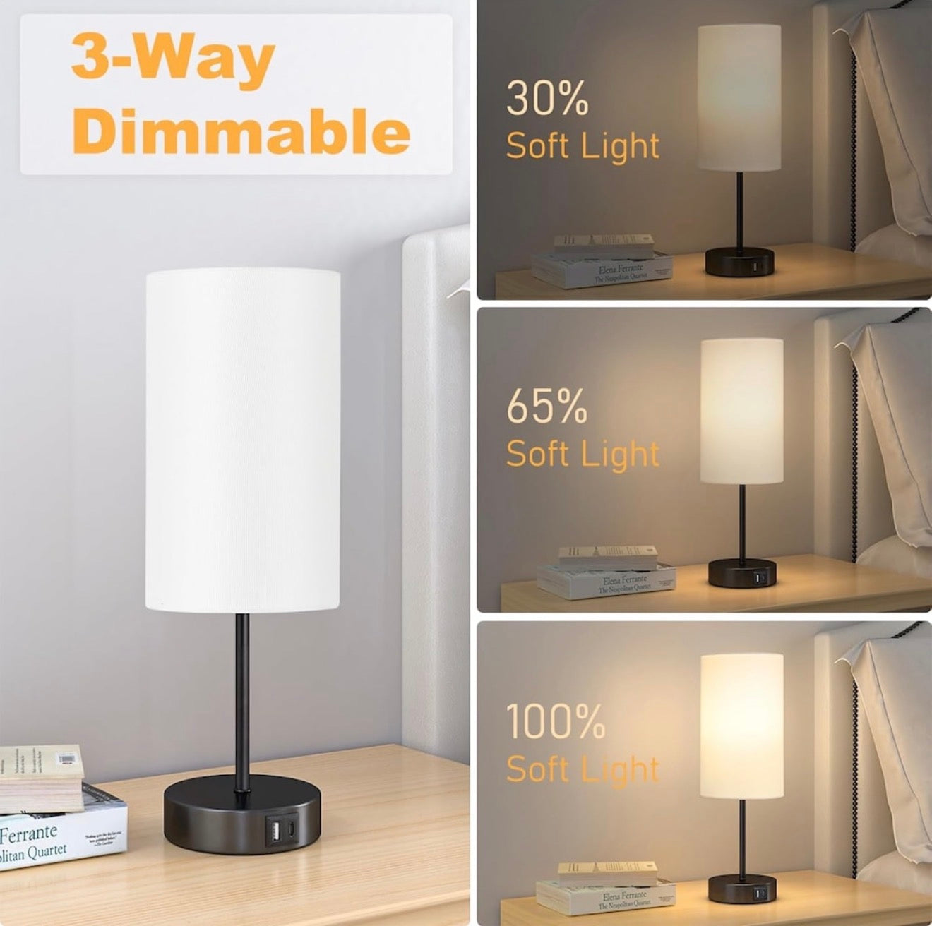 Touch Control Bedside Lamp with USB-C & USB-A Ports