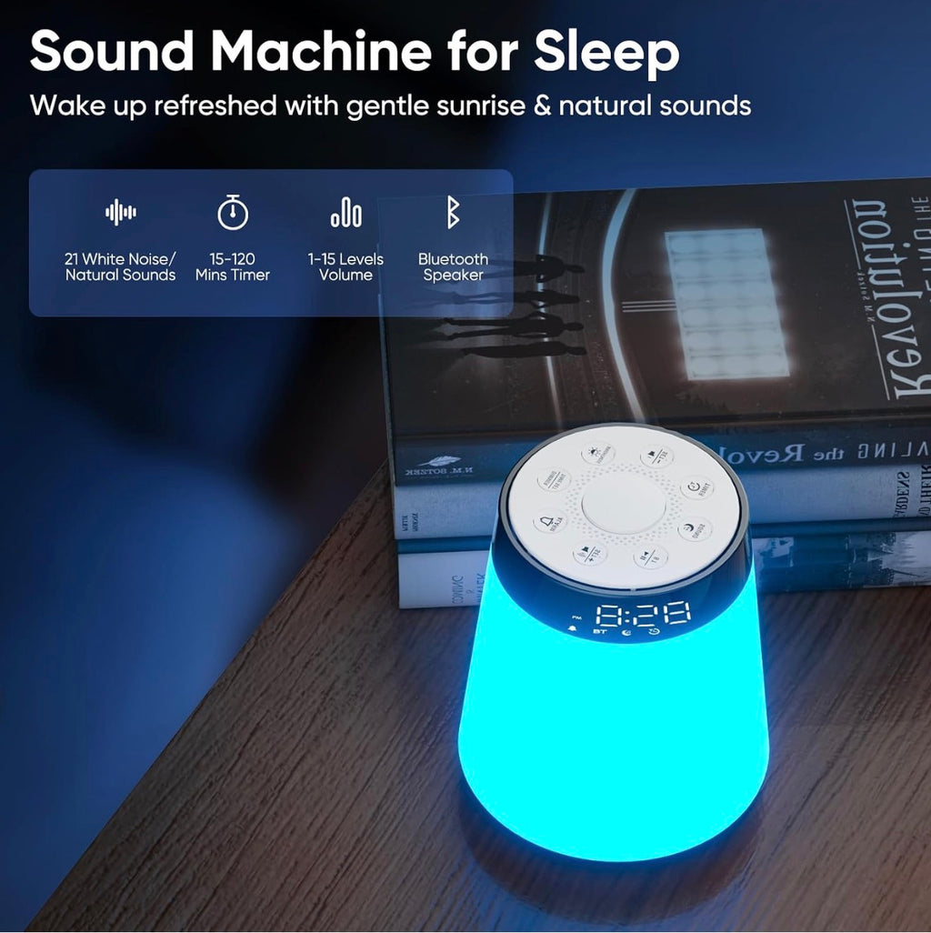 All-in-One Sunrise Alarm Clock & Bluetooth Speaker – White Noise Machine, 12-Color Night Light & Sleep Sound Machine