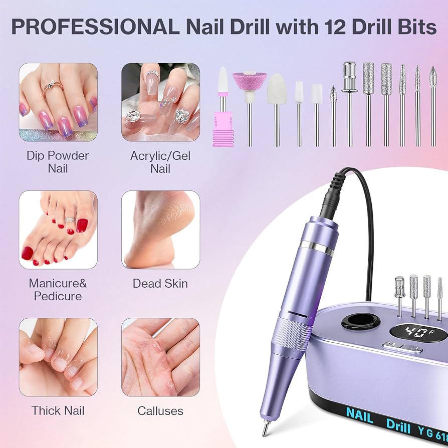 Professional Electric Nail Drill 40000RPM | Urbuti 36W E-File with Smart LCD Screen & 12 Bits (Purple)