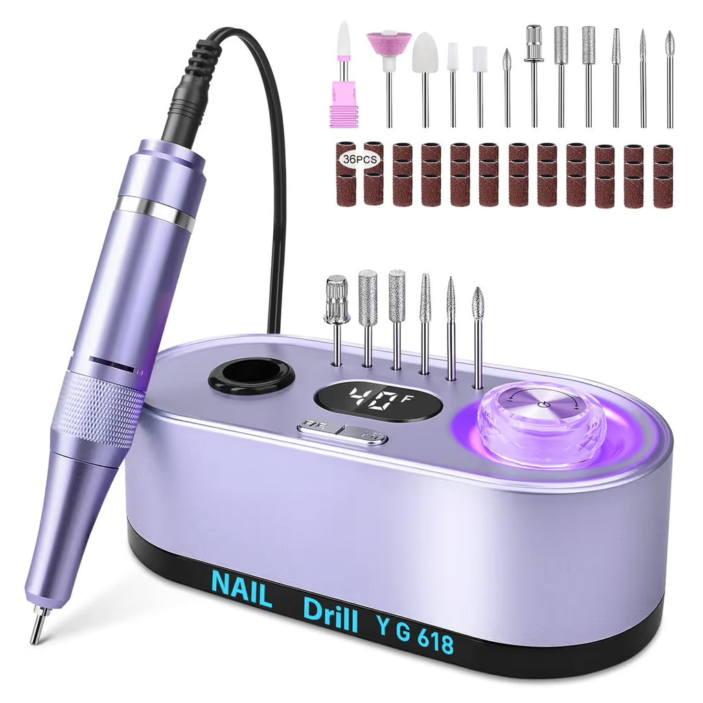 Professional Electric Nail Drill 40000RPM | Urbuti 36W E-File with Smart LCD Screen & 12 Bits (Purple)