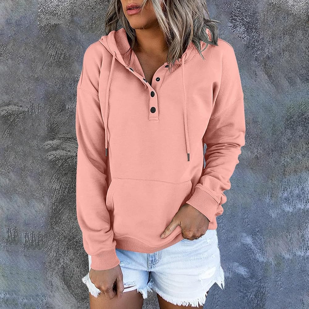 Women's Casual Button-Neck Long Sleeve Hoodie – Oversized Pullover Sweatshirt with Pocket
