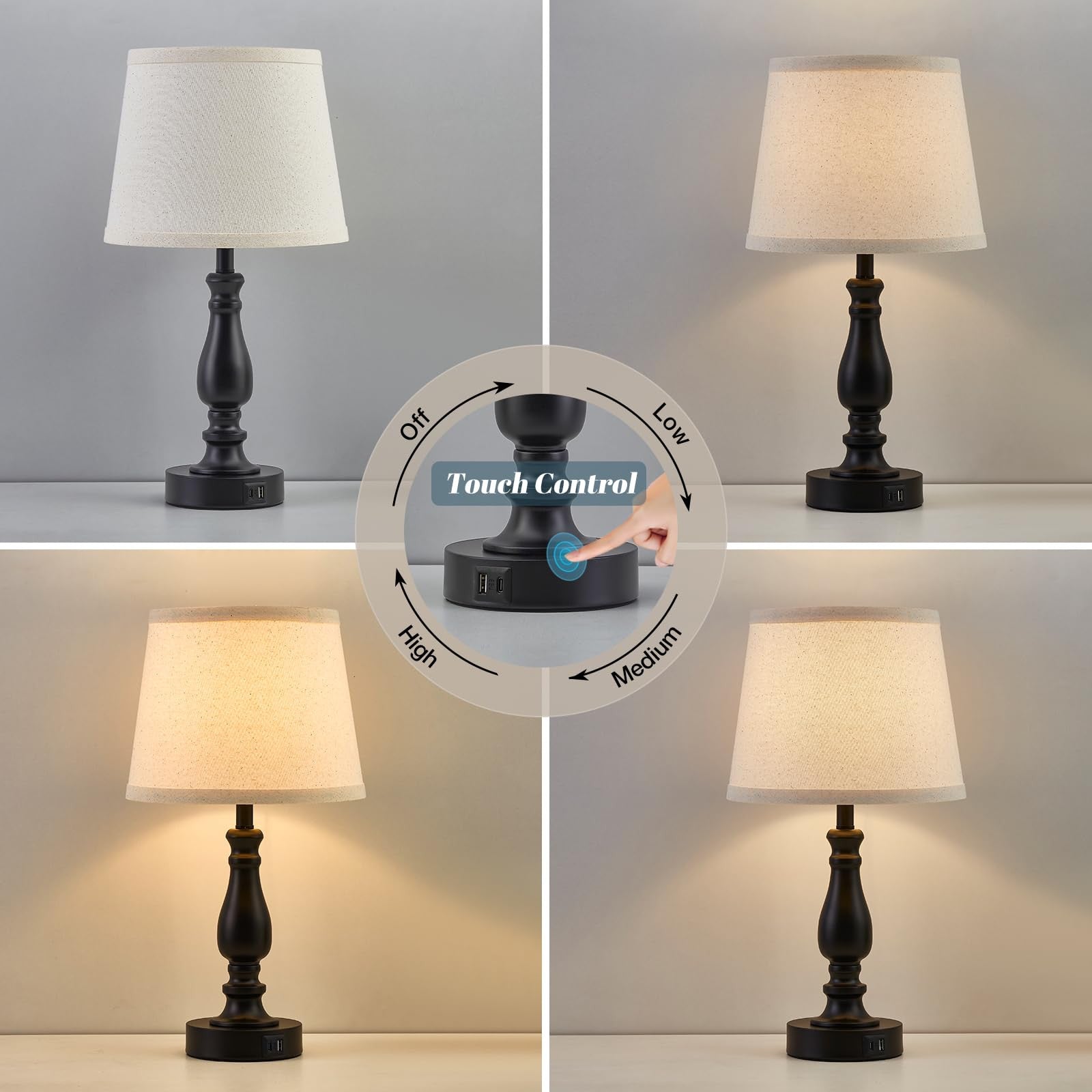 Modern Bedside Table Lamps – Set of 2 with USB-A & USB-C Charging Ports