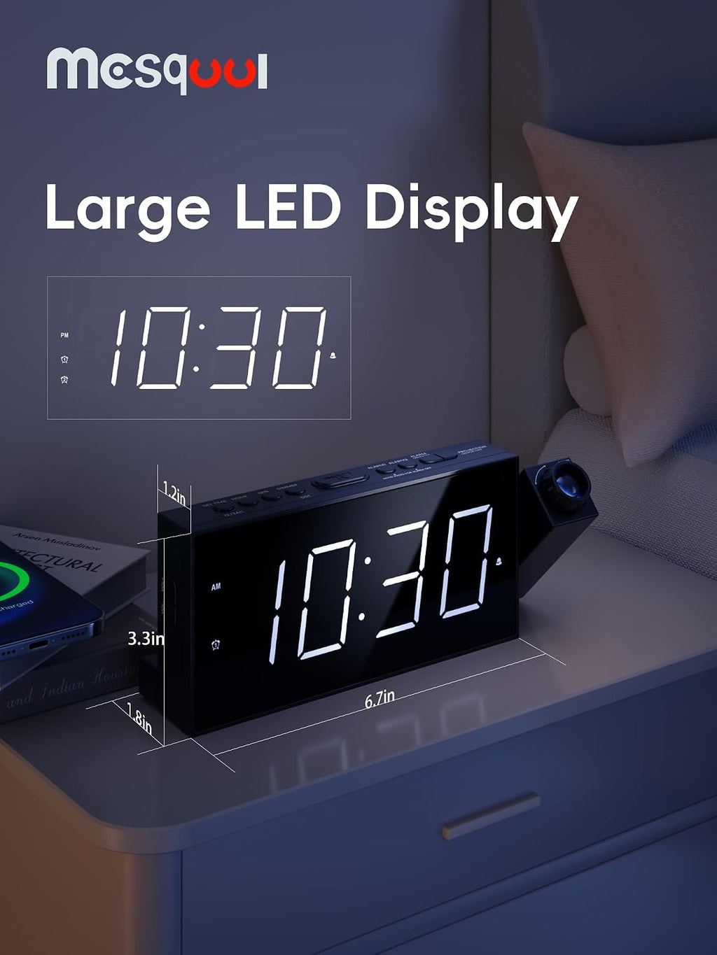 Digital Projection Alarm Clock with Dual Alarms, 180° Ceiling & Wall Projection, USB Charging
