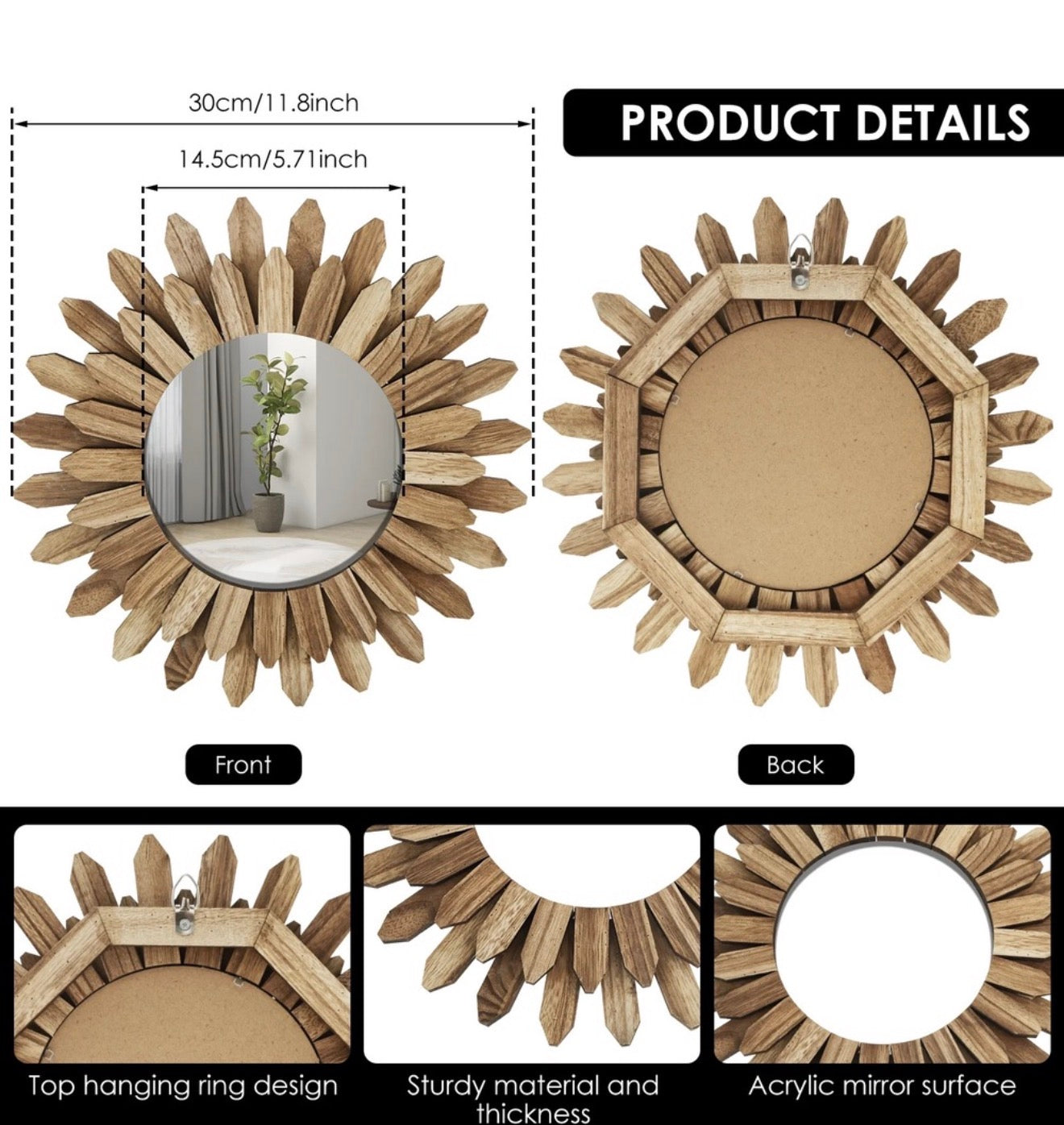 Rustic Sunburst Wooden Wall Mirror – 30cm Boho Chic Round Decorative Accent Mirror for Living Room & Hallway
