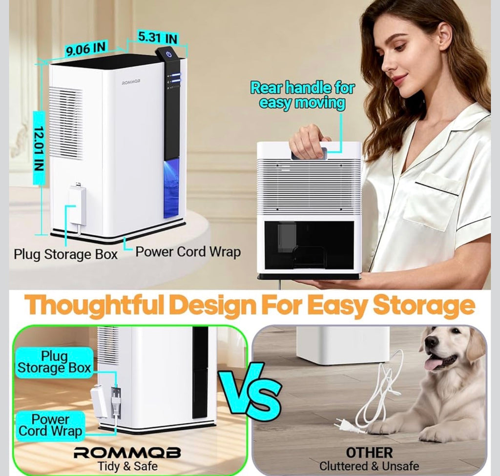 ROMMQB 3L Smart Dehumidifier with Auto Shut-Off & LED Night Light