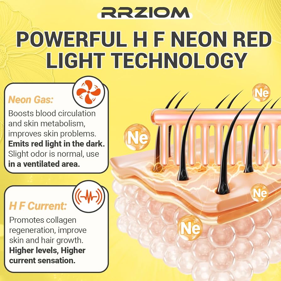 RRZIOM High-Frequency Scalp & Hair Care Comb – 2-in-1 Electric Scalp Massager with Neon Red Light, 2 Glass Attachments