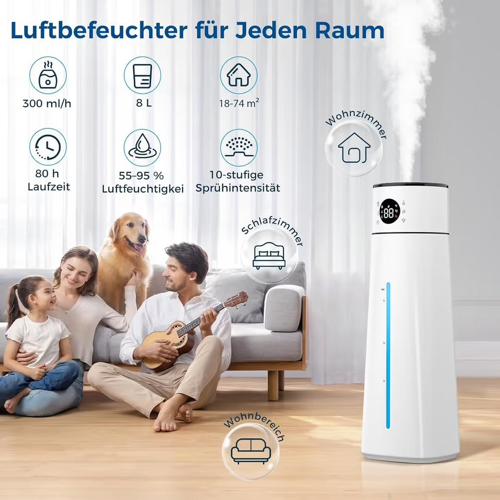 8L Large Room Air Humidifier with Auto Humidity Control – 80H Runtime, Top Fill, Remote Control & 24H Timer