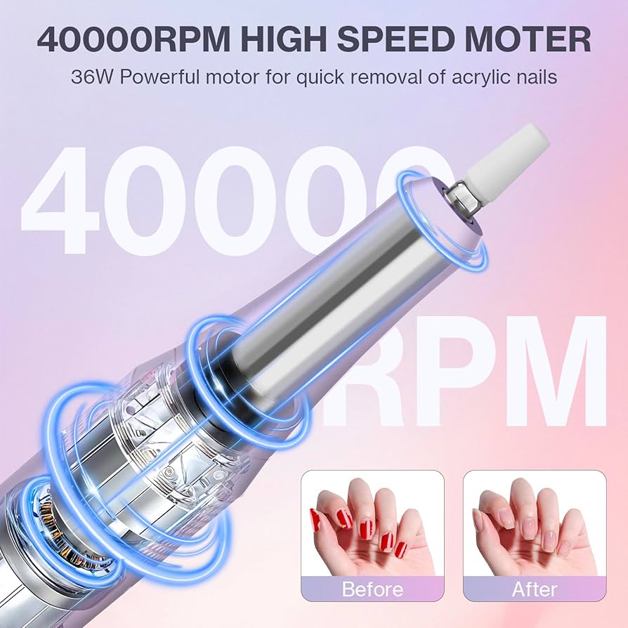 Professional Electric Nail Drill 40000RPM | Urbuti 36W E-File with Smart LCD Screen & 12 Bits (Purple)