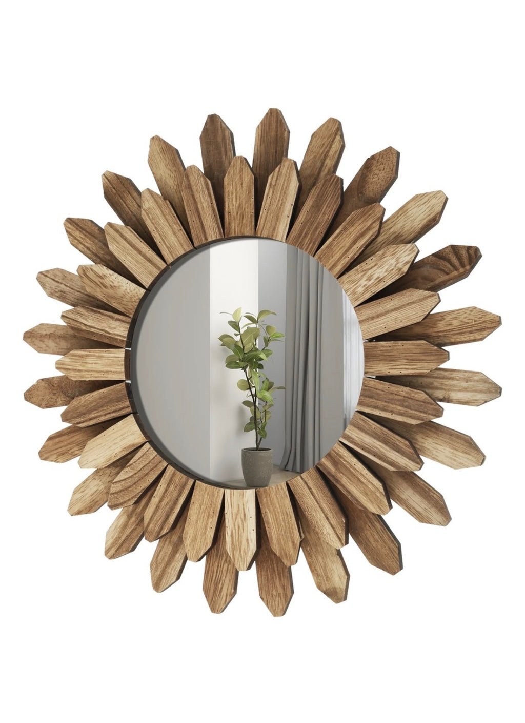 Rustic Sunburst Wooden Wall Mirror – 30cm Boho Chic Round Decorative Accent Mirror for Living Room & Hallway