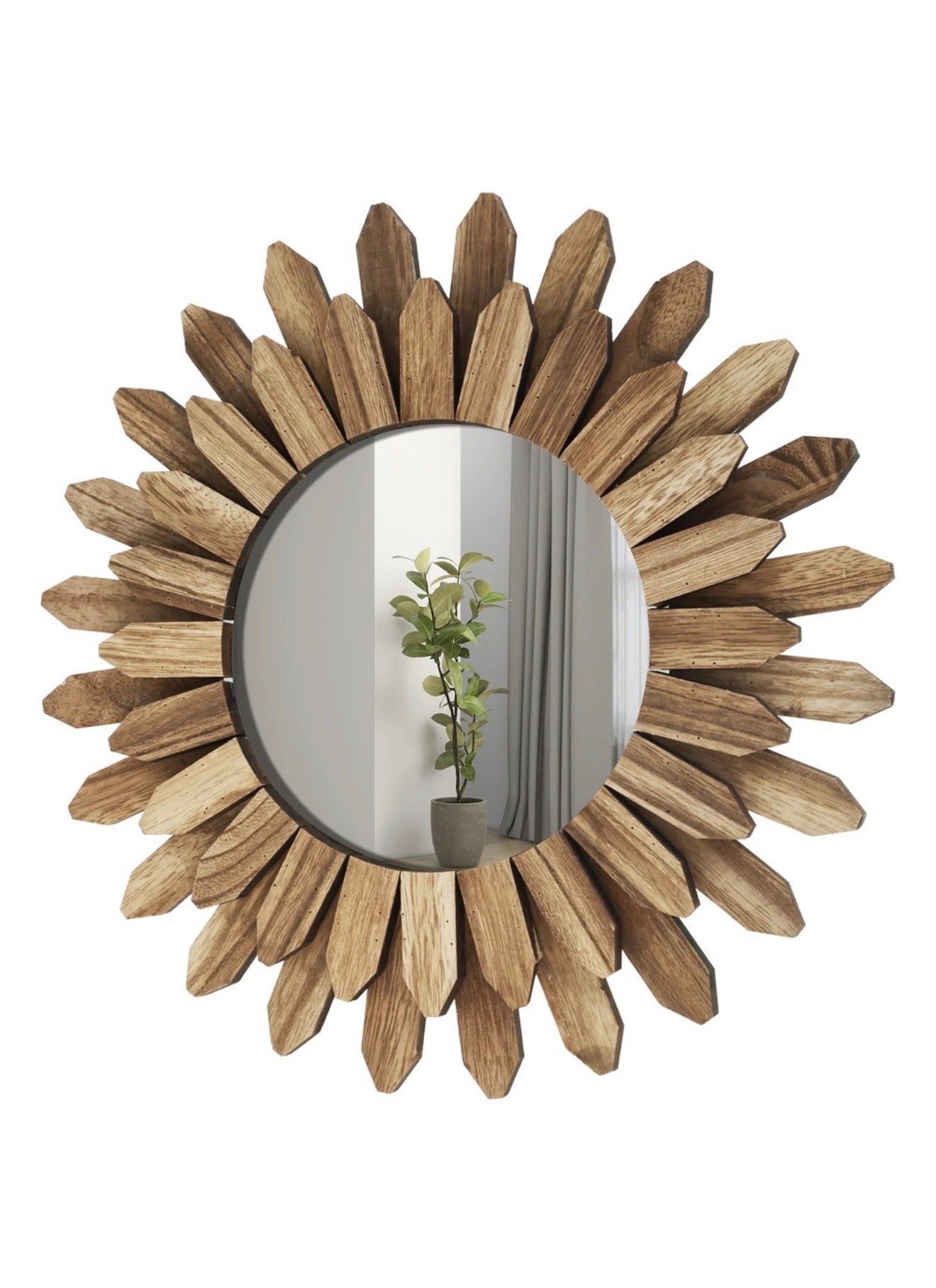 Rustic Sunburst Wooden Wall Mirror – 30cm Boho Chic Round Decorative Accent Mirror for Living Room & Hallway