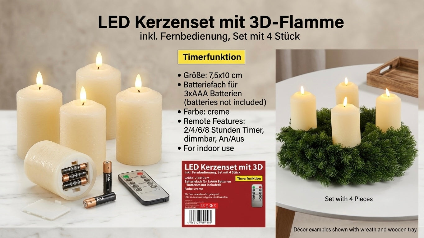 Star-Max 4-Piece LED Candle Set with Moving 3D Flame & Remote Control