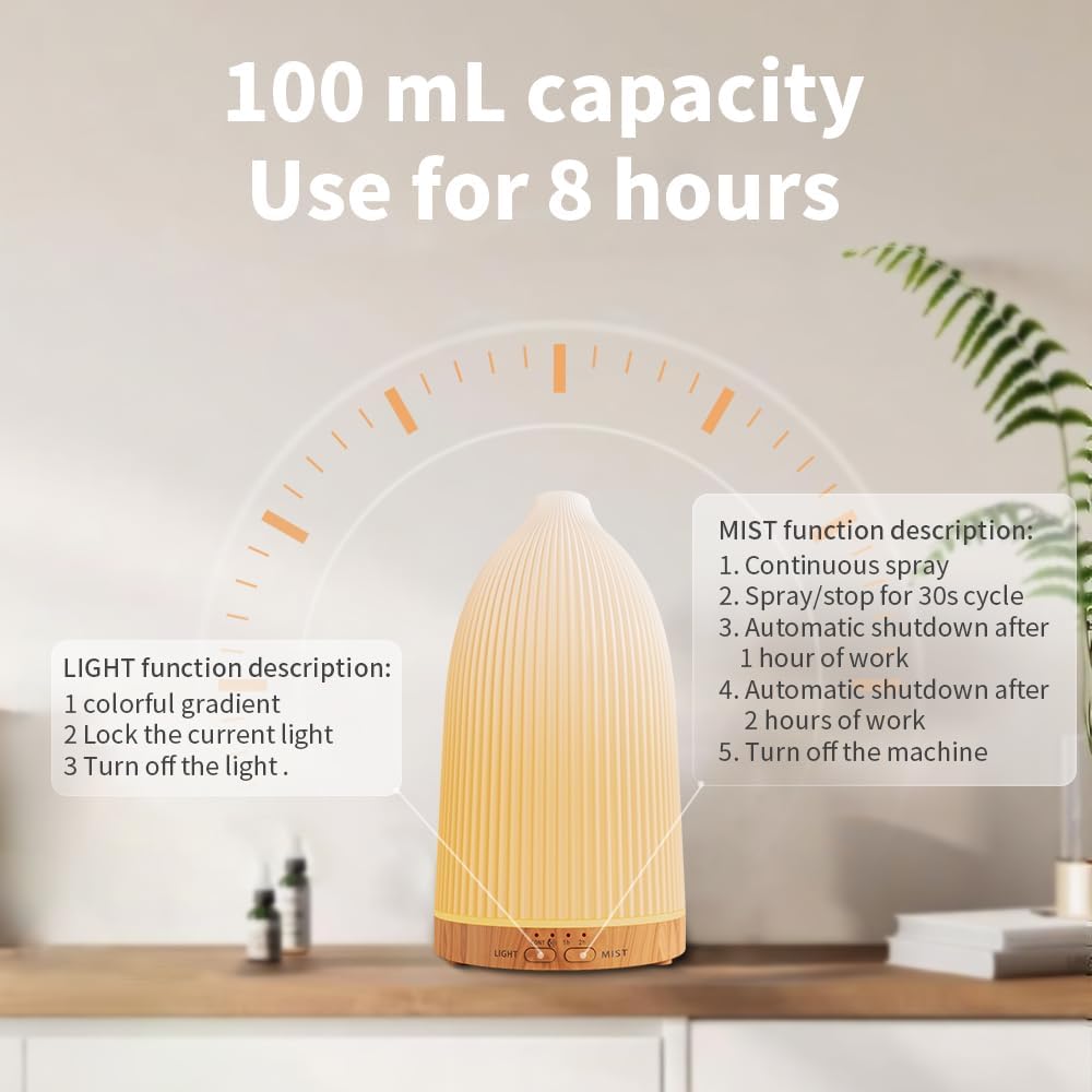 Nordic-Style Essential Oil Diffuser, 100 ml Aromatherapy Diffuser with Cold Mist Sprayer, 7 Changing Lights