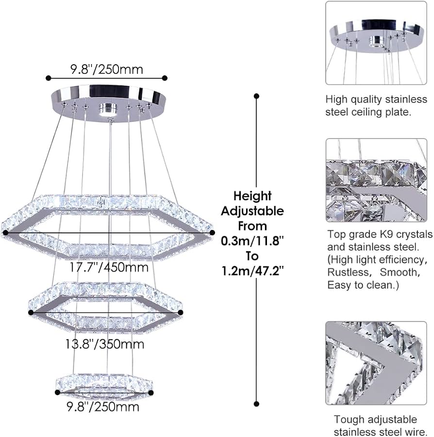 Modern 3-Ring K9 Crystal LED Chandelier – Dimmable Pendant Ceiling Light With Remote