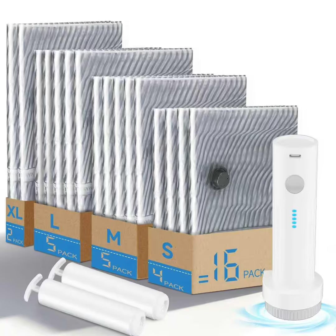 Travel Vacuum Storage Bags Set with Electric Pump (16-Pack)