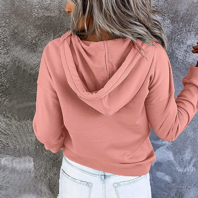 Women's Casual Button-Neck Long Sleeve Hoodie – Oversized Pullover Sweatshirt with Pocket