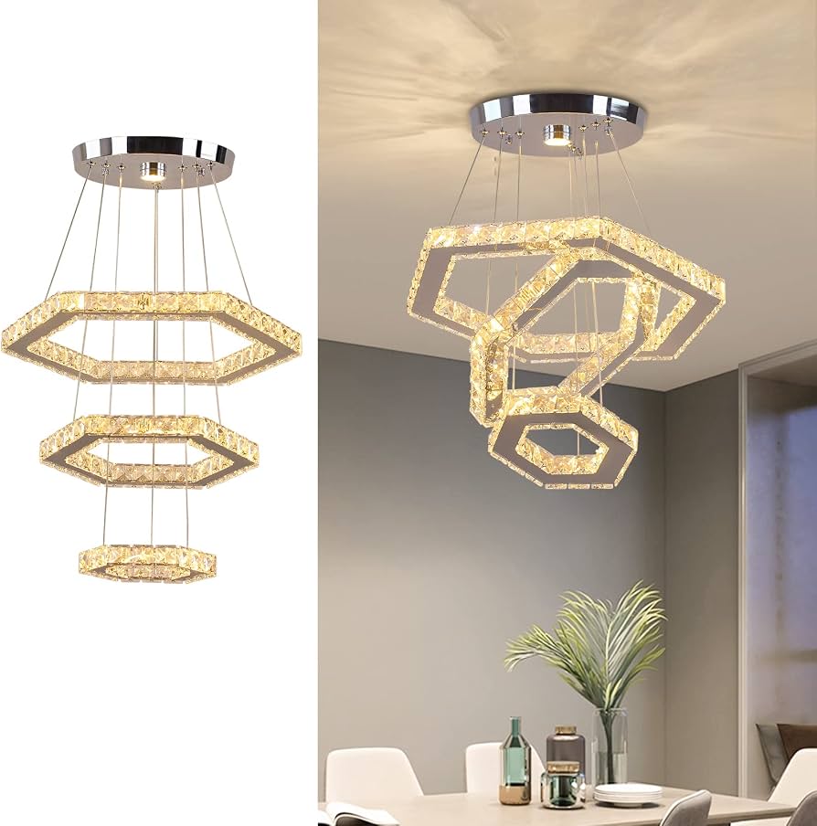 Modern 3-Ring K9 Crystal LED Chandelier – Dimmable Pendant Ceiling Light With Remote