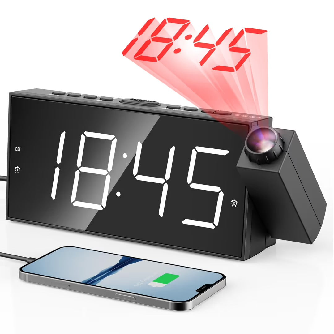 Digital Projection Alarm Clock with Dual Alarms, 180° Ceiling & Wall Projection, USB Charging