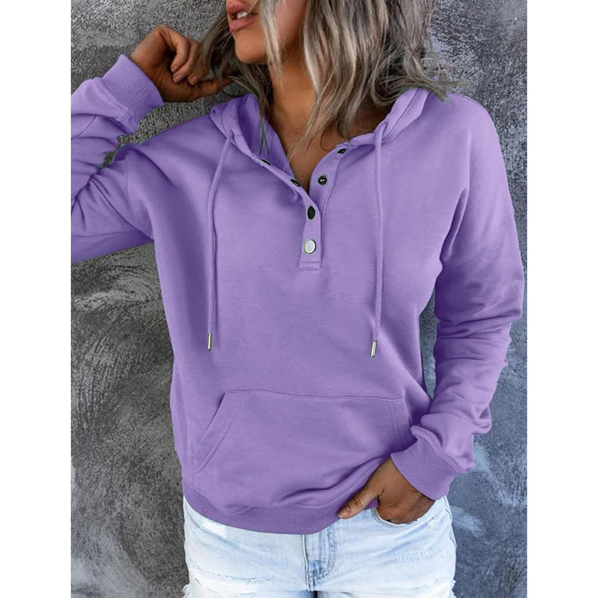 Women's Casual Button-Neck Long Sleeve Hoodie – Oversized Pullover Sweatshirt with Pocket