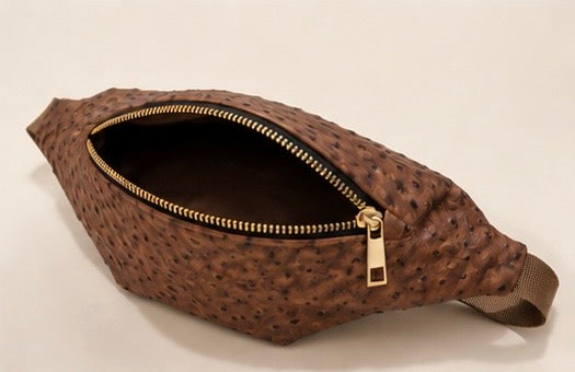 Brown Ostrich-Embossed Vegan Leather Belt Bag