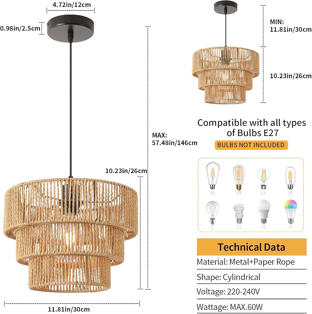 Boho Woven Rattan Pendant Light – Adjustable E27 Ceiling Lamp | Natural Paper Rope Hanging Light
