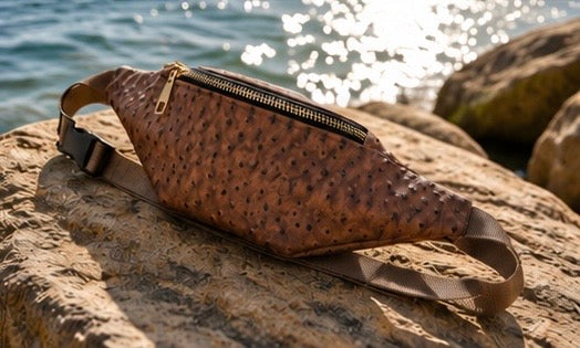Brown Ostrich-Embossed Vegan Leather Belt Bag