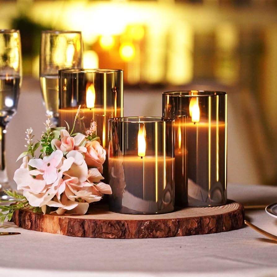 Grey Glass Flameless LED Candle Set with remote (3-Piece)