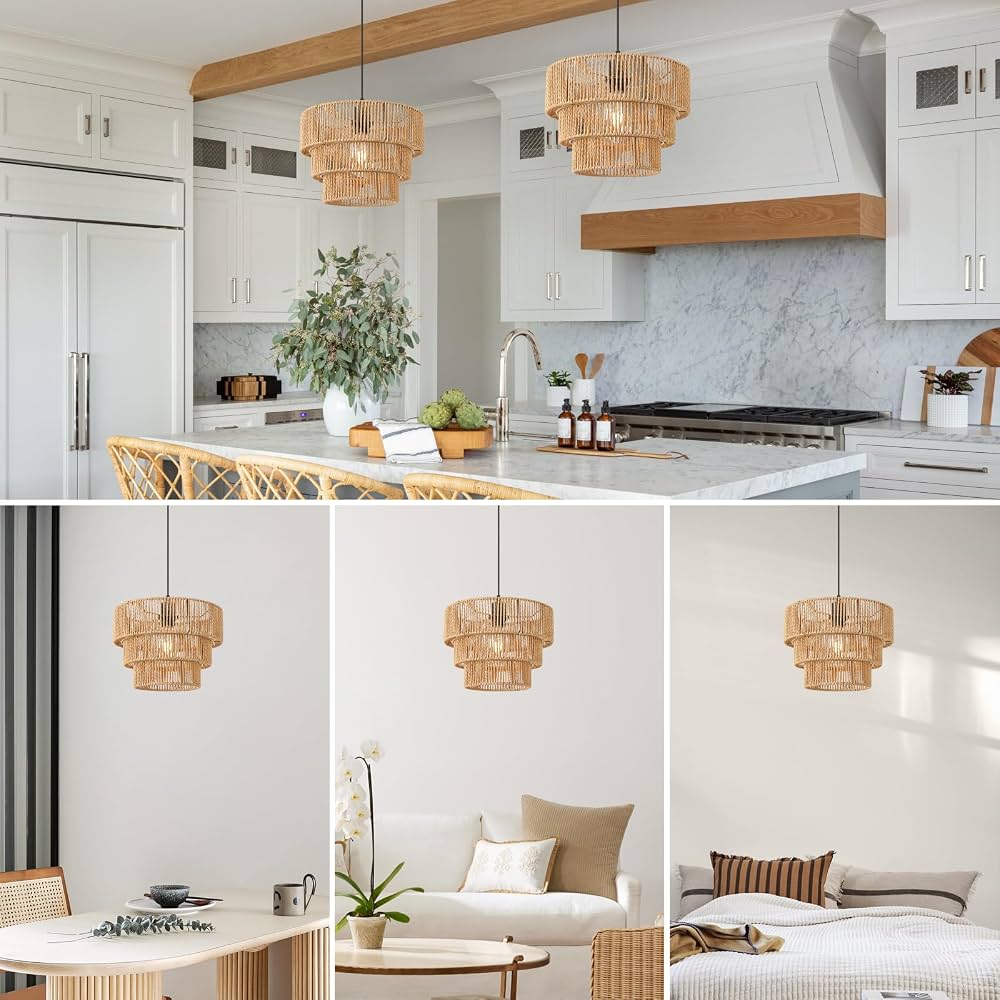 Boho Woven Rattan Pendant Light – Adjustable E27 Ceiling Lamp | Natural Paper Rope Hanging Light