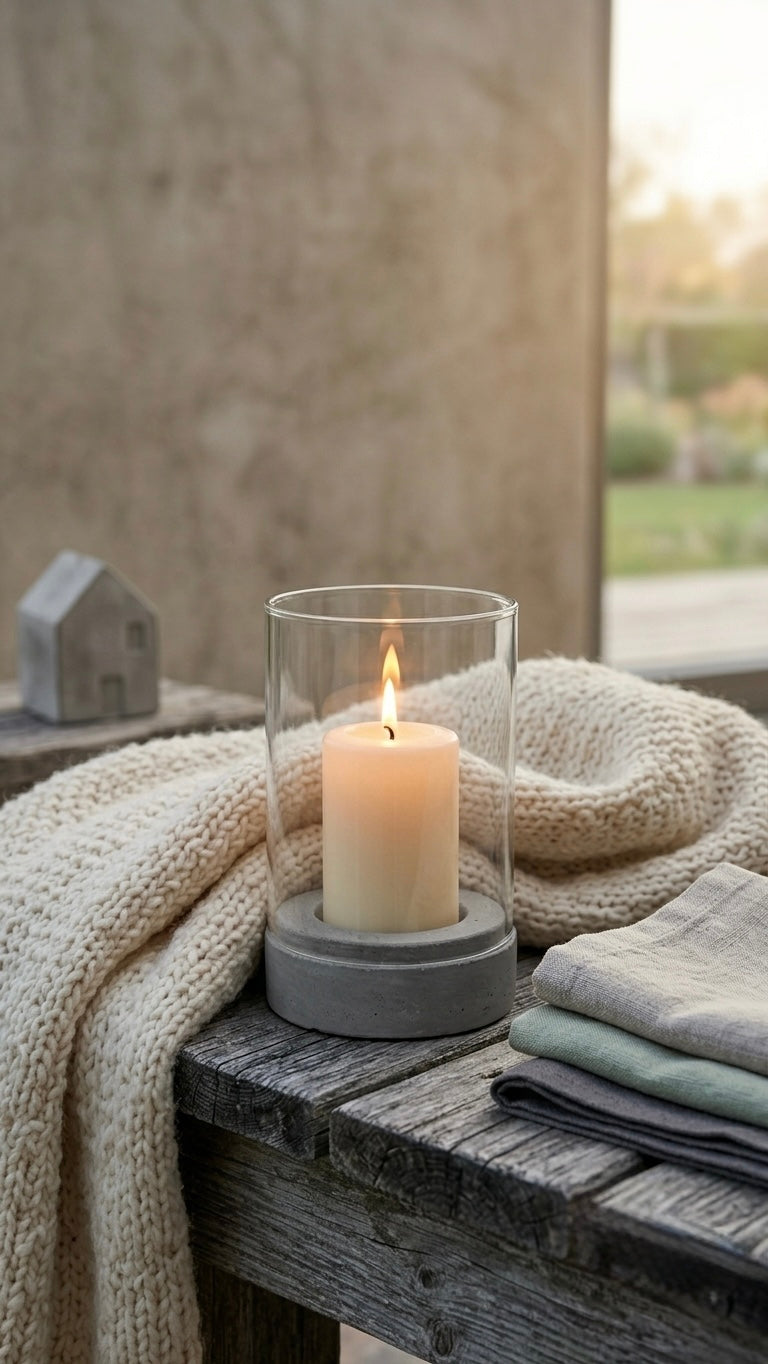 Modern Anthracite Concrete & Glass Hurricane Candle Holder (22 cm)