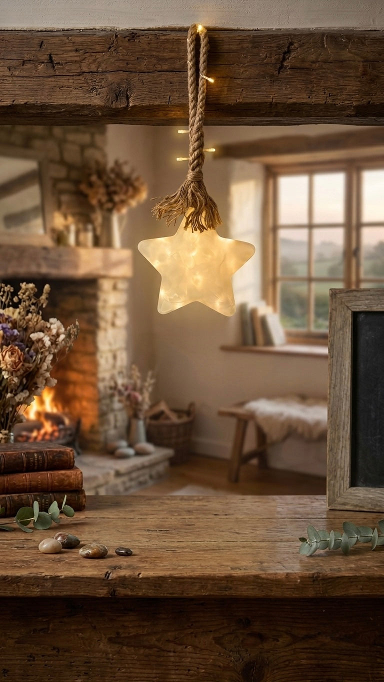 Cozy Glowing LED Hanging Star Decoration with Rustic Hemp Rope