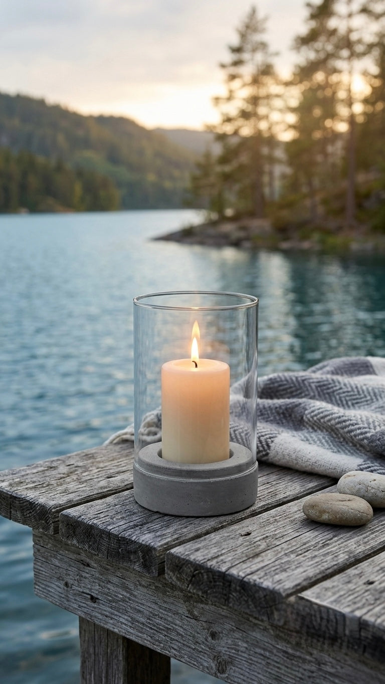 Modern Anthracite Concrete & Glass Hurricane Candle Holder (22 cm)
