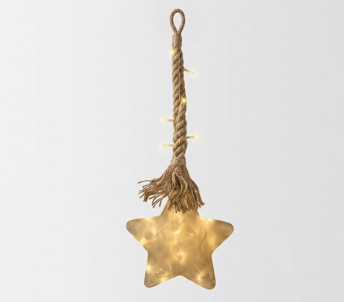 Cozy Glowing LED Hanging Star Decoration with Rustic Hemp Rope