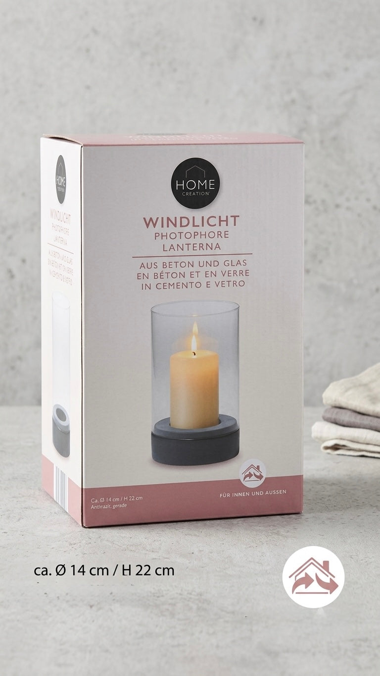 Modern Anthracite Concrete & Glass Hurricane Candle Holder (22 cm)