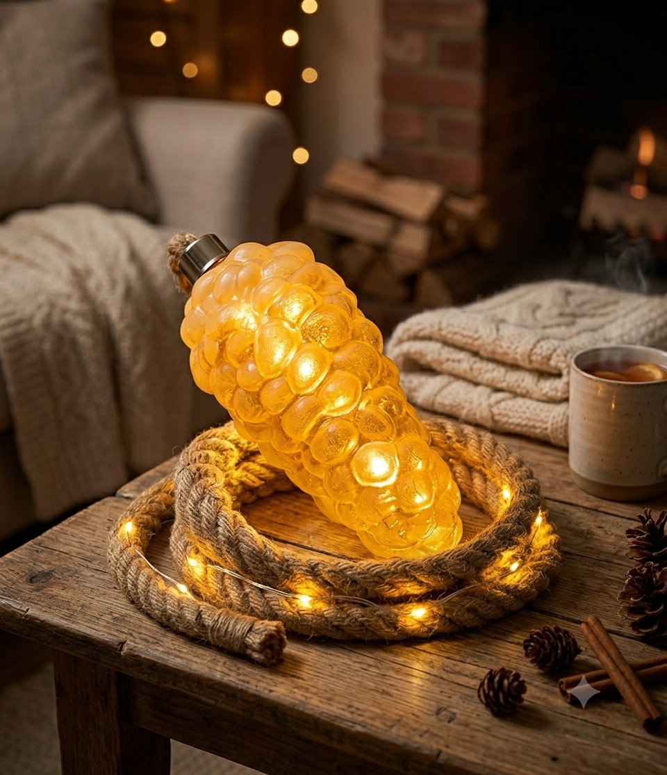 Luminous Glass Pinecone Light on Rustic Rope